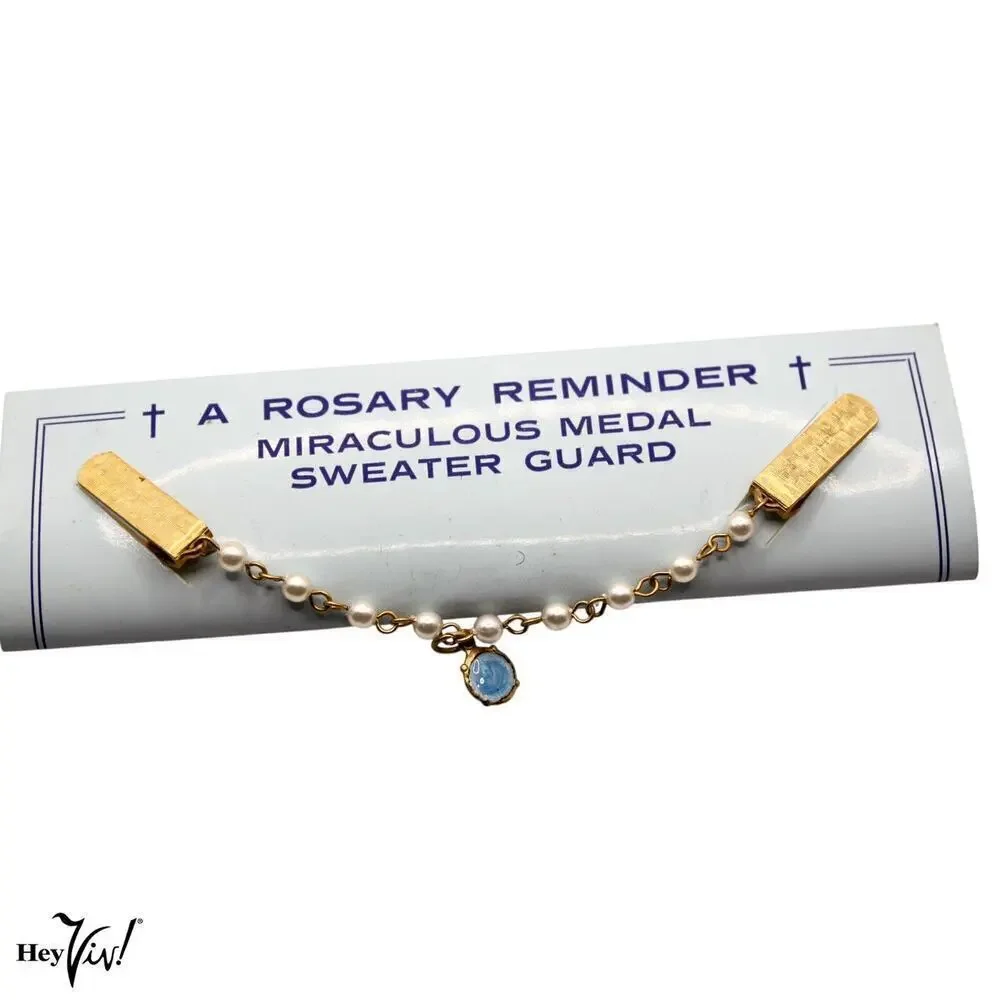 Vintage Sweater Guard Clip Rosary Reminder Miraculous Medal In Box 5